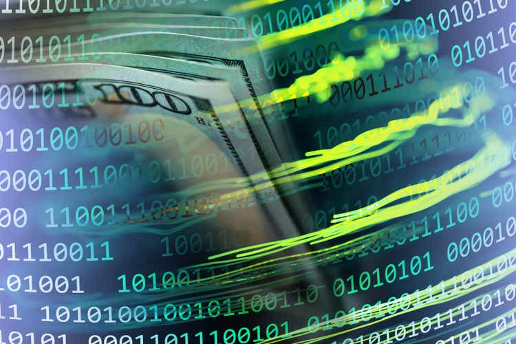 Financial Technologies - binary code background with dollar banknotes