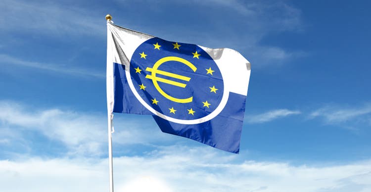 European Central Bank flag against cloudy sky. Waving in the sky