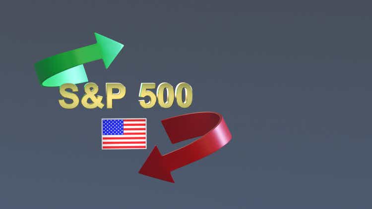 Inscription in gold letters S&P 500 and the US flag surrounded by a red and green arrows on a neutral background. 3D rendering. Stock market concept