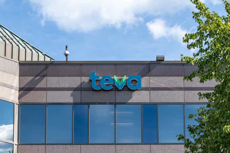 Teva logo on its USA headquarters building in Parsippany, NJ, USA.
