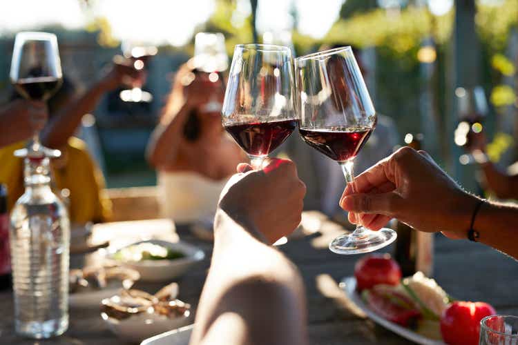 Friends toast with red wine at wedding