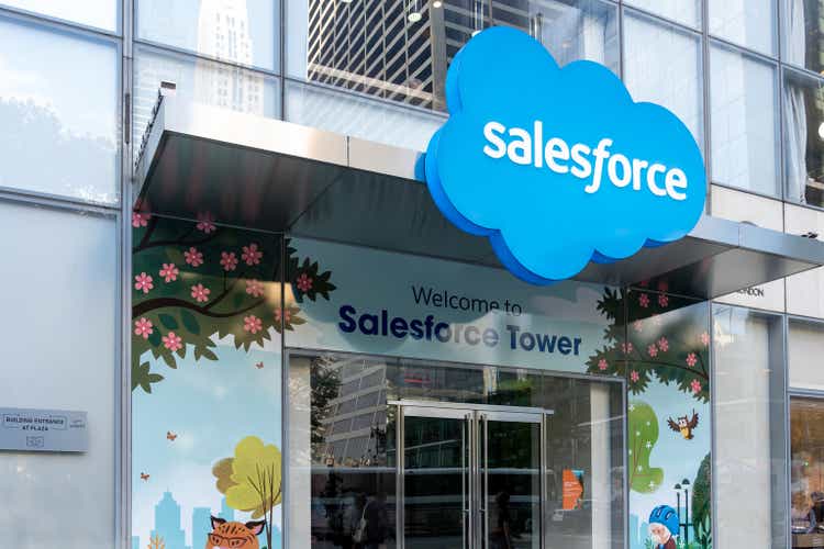 Salesforce logo at its Corporate office in New York, NY, USA on August 18, 2022.