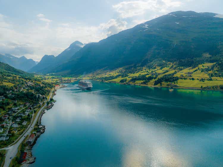 Aerial view of cruise liners in Olden in Norway