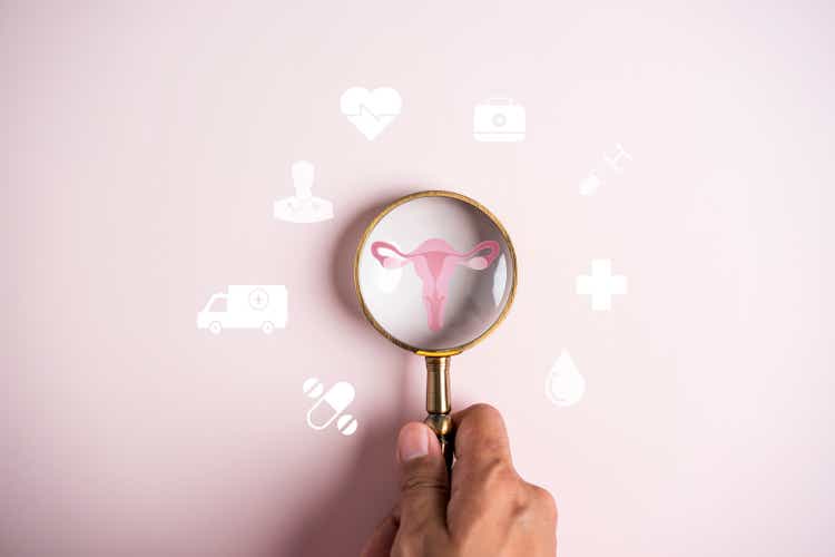 uterus female reproductive system, women health, PCOS, ovary gynecologic and cervical cancer, magnifier focus to uterus icon, Healthy feminine concept