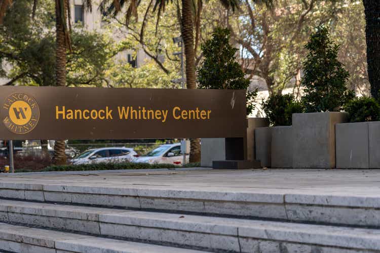 Hancock Whitney Center sign is shown in New Orleans, Louisiana, USA.