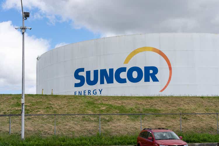 The Suncor Energy sign on the tank at their terminal in Toronto, ON, Canada.