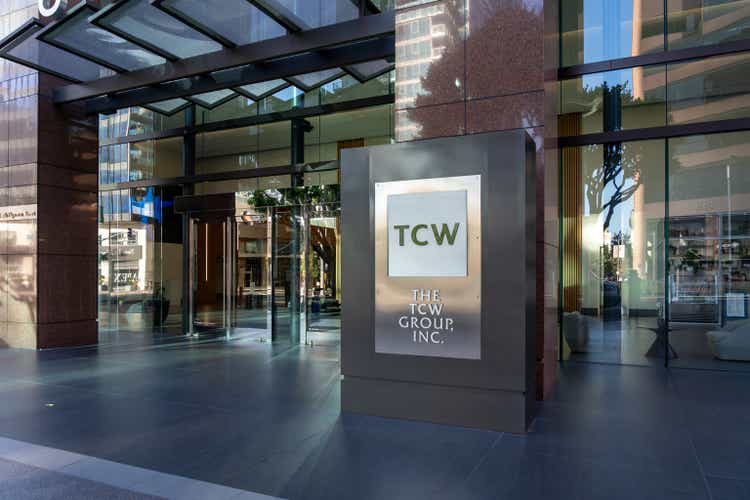 Entrance to TCW headquarters in TCW Tower, Los Angeles, CA, USA.