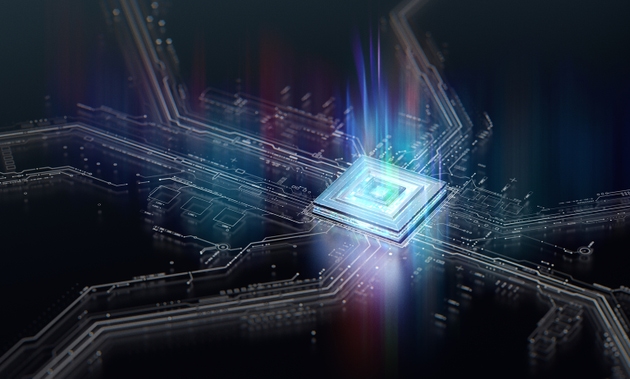 Futuristic circuit board technology background with central computer processors CPU and GPU concept