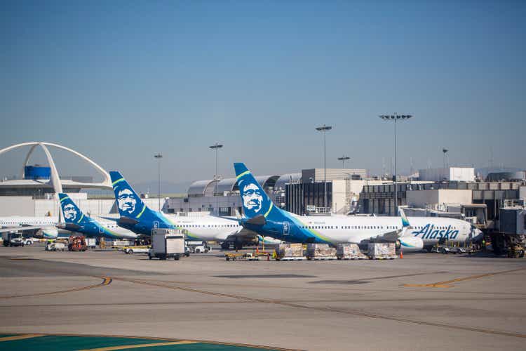 A Group of Alaska Airlines Boeing 737-990ER Aircrafts at LAX Airport in February 2022.
