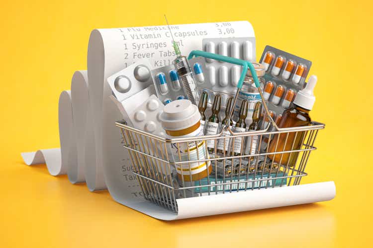 Shopping basket full of medicines, pills, blisters and vaccine on a receipt. Expensive medicine and healthcare concept.