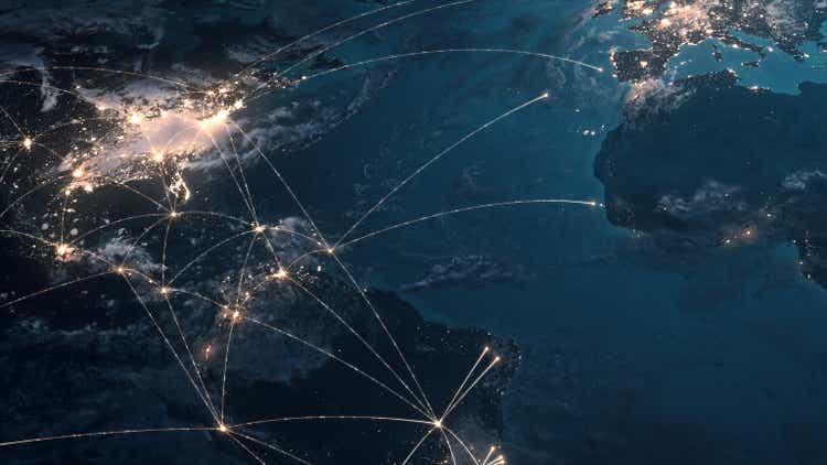 Expanding Global Connection Lines At Night - Global Business, Financial Network, Flight Routes