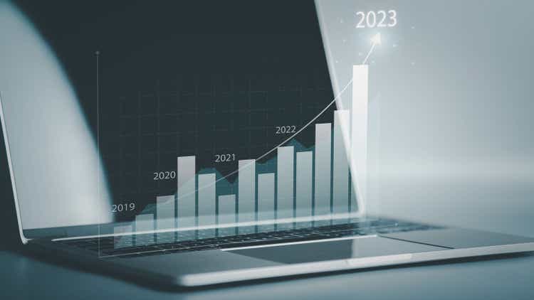 Plan business growth in 2023, increase of positive indicators graph diagram financial data for long-term virtual hologram investment stock, invest in trading.