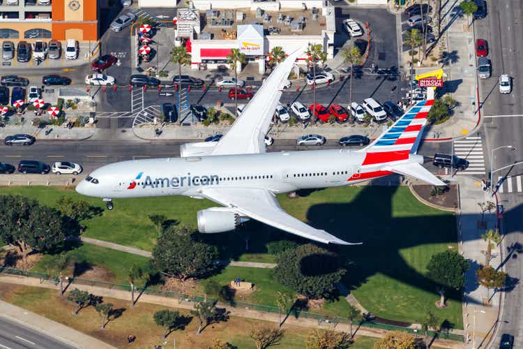 American Airlines Boeing 787-8 Dreamliner airplane at Los Angeles airport in the United States aerial view