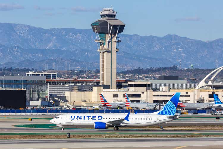 United Boeing 737 MAX 9 airplane at Los Angeles airport in the United States