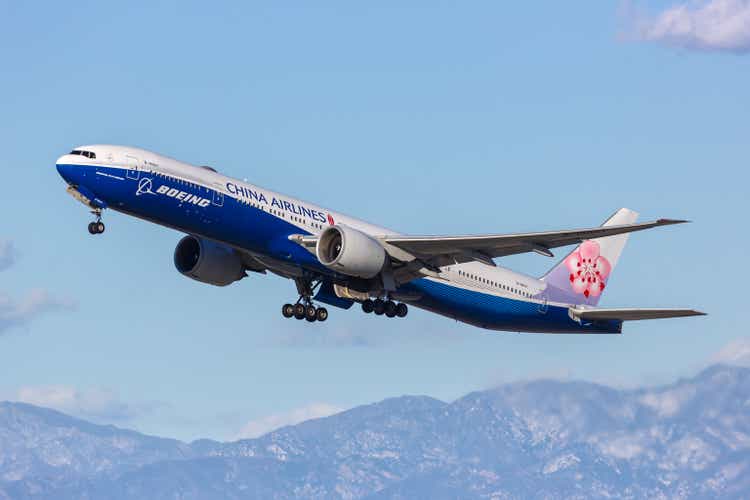 China Airlines Boeing 777-300(ER) airplane in the Boeing special colors at Los Angeles airport in the United States