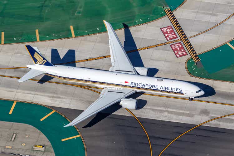 Singapore Airlines Boeing 777-300(ER) airplane at Los Angeles airport in the United States aerial view