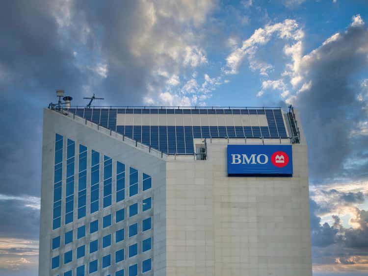 December 10, 2022. Calgary, Alberta, Canada.  A BMO sign on top of a building in downtown Calgary.