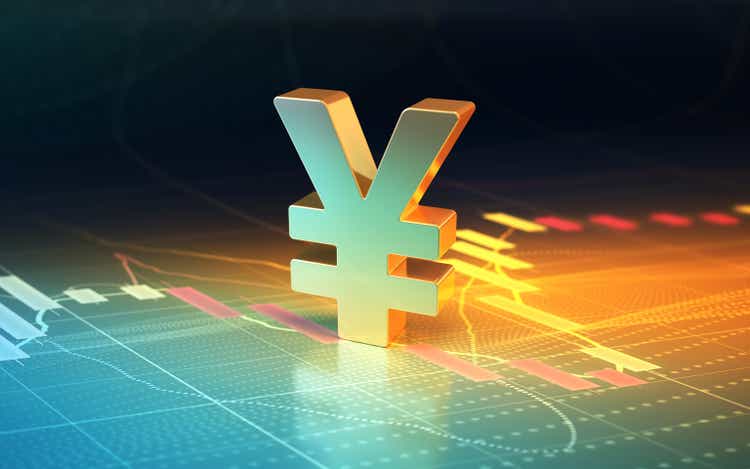 Japanese Yen Sign Sitting on Blue Yellow Financial Stock Exchange Chart Background
