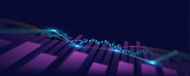 Abstract financial graph with up trend line candlestick chart in stock market on neon light colour background