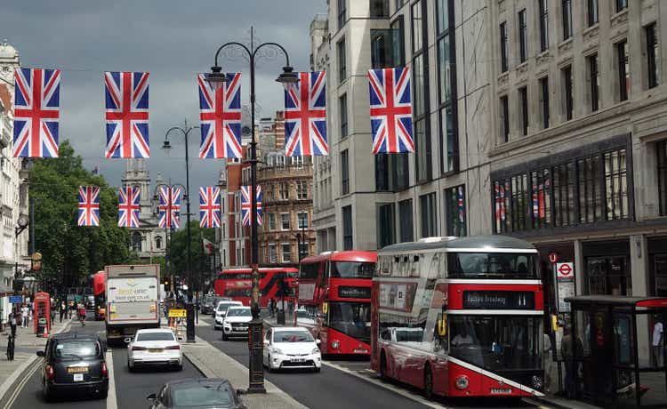 A view along The Strand in central London during the celebration of Queen Elizabeth II Platinum Jubilee in the summer of 2022.