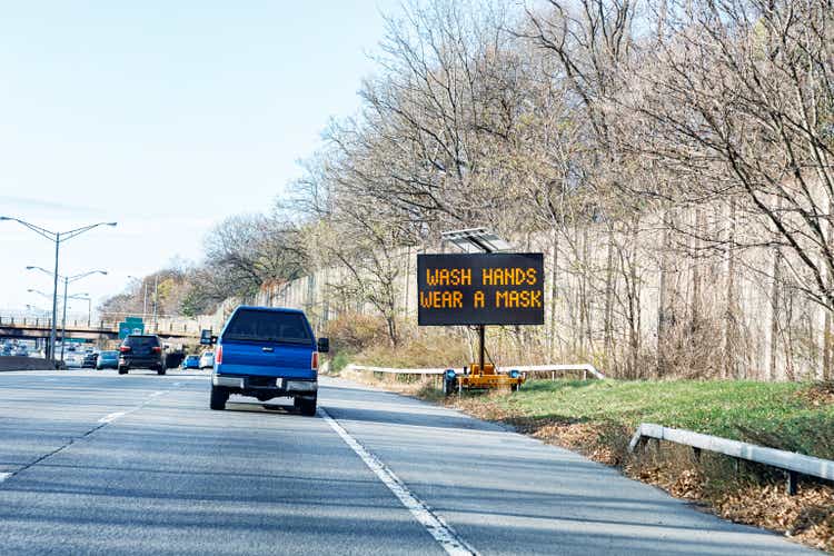 New York State Expressway Road Sign "WASH HANDS - WEAR A MASK"