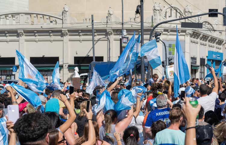 Fans gather to celebrate that Argentina won 2022 FIFA World Cup in Qatar.