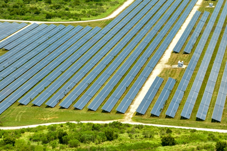 Aerial view of large sustainable electrical power plant with rows of solar photovoltaic panels for producing clean electric energy. Concept of renewable electricity with zero emission