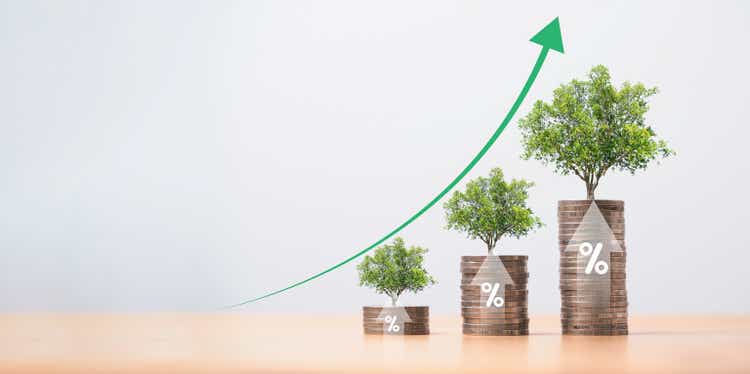 Bäume, die auf zunehmenden Münzen wachsen, stapeln sich mit dem Pfeil nach oben für Geldsparen und Einlagenwachstum aus dem Anlagegewinn, Finanzbankkonzept.