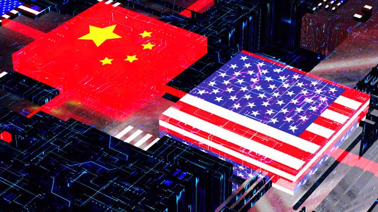 Processor Unit, Chip War. The Chip Crisis, The World"s Big Problem. China and usa Flag.