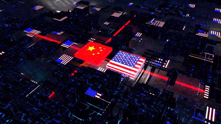 processor unit, chip war. processing information inside technological environment. china and usa flag.