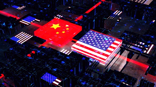 Processor Unit, Chip War. The Chip Crisis, The World"s Big Problem. China and usa Flag.