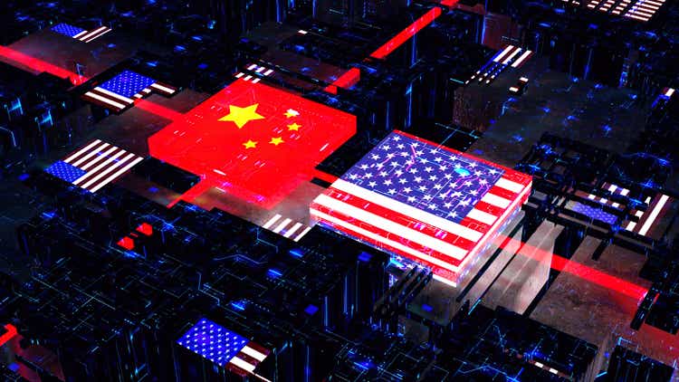 Processor Unit, Chip War. The Chip Crisis, The World"s Big Problem. China and usa Flag.