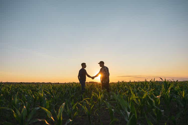 Male farmer and agronomist shaking hands in corn field