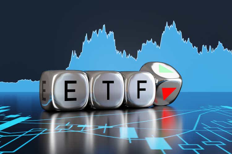 Silver metallic dice showing the alphabets ETF and an up and down arrow on backgrounds of stock charts. Illustration of the concept of investment of exchange-traded funds
