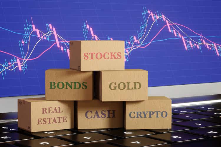 Boxes labeled as different investment product categories on a laptop displaying a stock candlestick chart. Representing well-diversified portfolios and the importance of asset diversification.