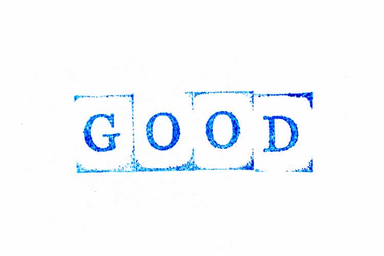 Blue color ink rubber stamp in word good on white paper background