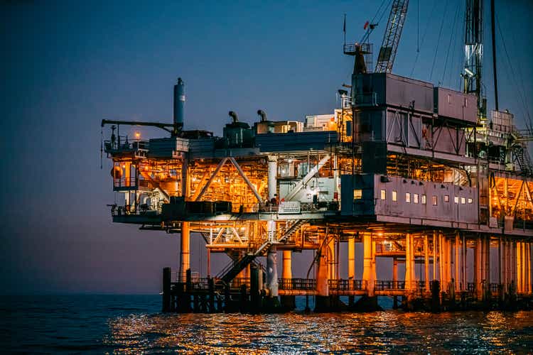 Offshore Oil Drilling Rig at Dusk near Huntington Beach
