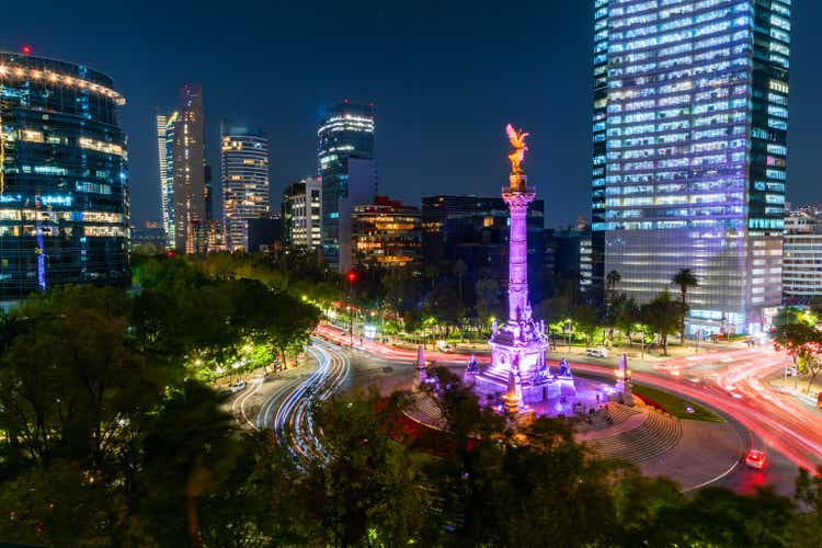 View of Paseo de Reforma in Mexico City, financial district at night