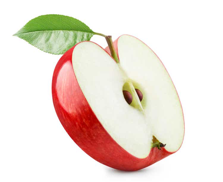 Red apple half with leaf on white