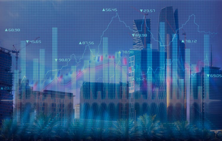 Stock market digital graph chart on LED display concept