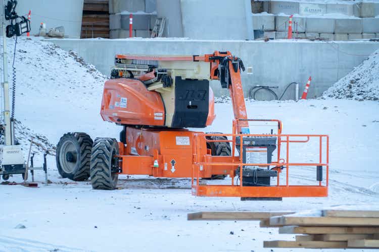 A JLG 1250AJP articulating Boom Lift during the winter.