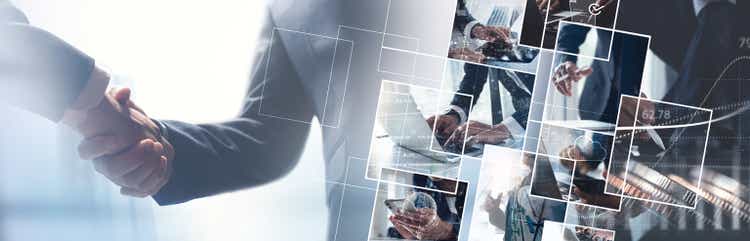Business, finance and investment, global business structure of networking. Business development concept. Businessmen making handshake, customer service, teamwork, global business, social network technology