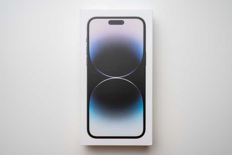 Budapest, Hungary - December 14, 2022. iPhone 14 Pro Max in Space Black color, in box.  At Apple