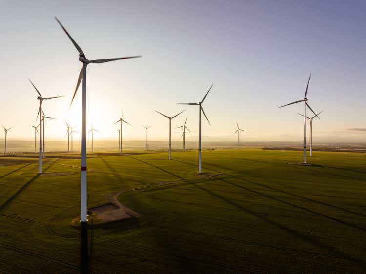 Aerial view of wind turbines in night light