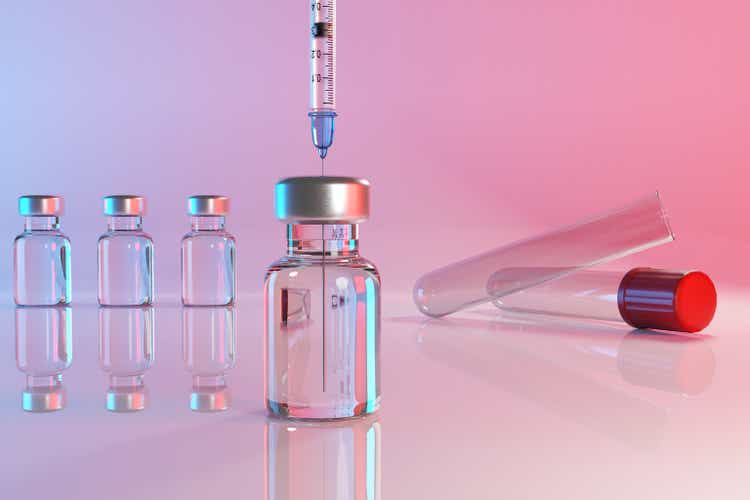 Syringe is being used to extract vaccine from a vial with other phials and test tubes as background in a laboratory. Illustration of the concept of vaccination and contract research organization