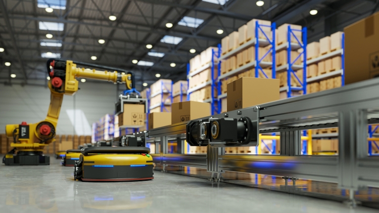 Factory Automation with AGV robot and robotic arm in transportation to increase transport more with safety.