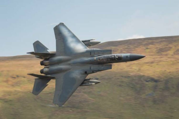 Closeup shot of a F15 flying in the Mach Loop Wales