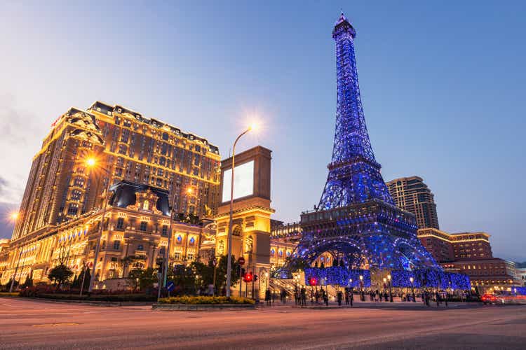 Exterior of Parisian casino at sunset.