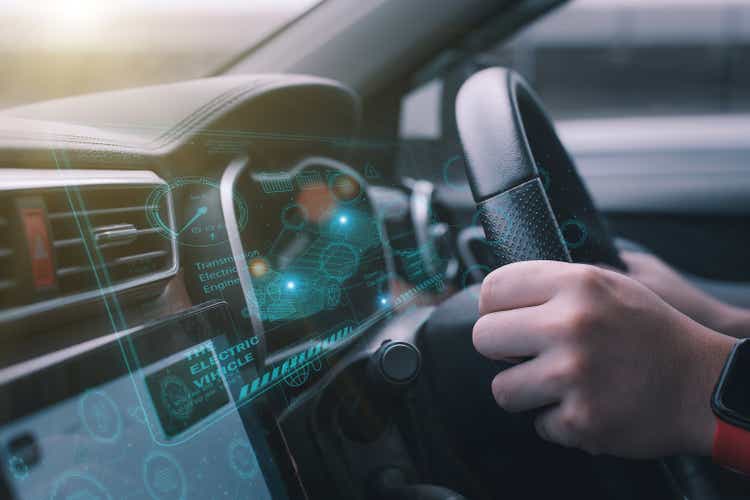 a futuristic vehicle and a graphic user interface (GUI). connected, intelligent vehicles Internet of Things heading-up display (<a href='https://seekingalpha.com/symbol/HUD' _fcksavedurl='https://seekingalpha.com/symbol/HUD' title='Hudson Ltd.'>HUD</a>)