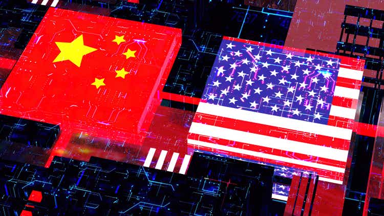 Processor Unit, Chip War. The Chip Crisis, The World"s Big Problem. China and usa Flag.